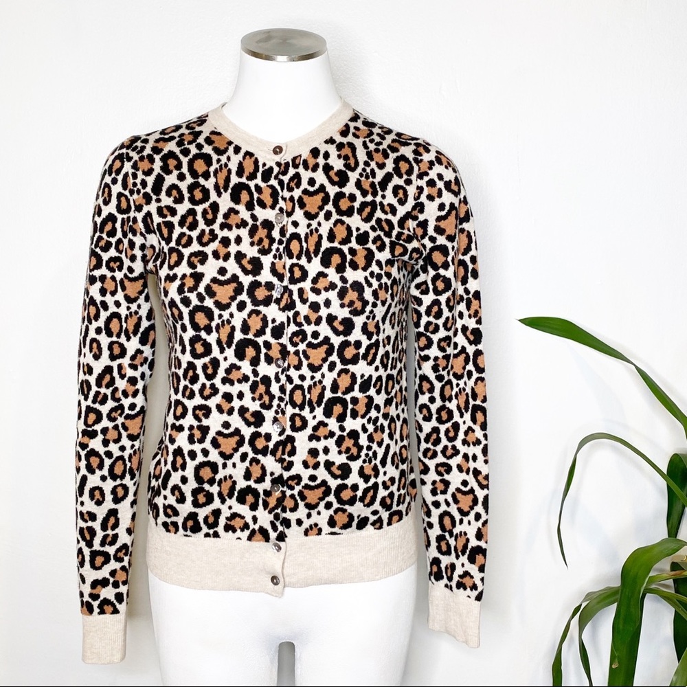 Leopard Print Crewneck Cardigan Sweater - Beige/Tan